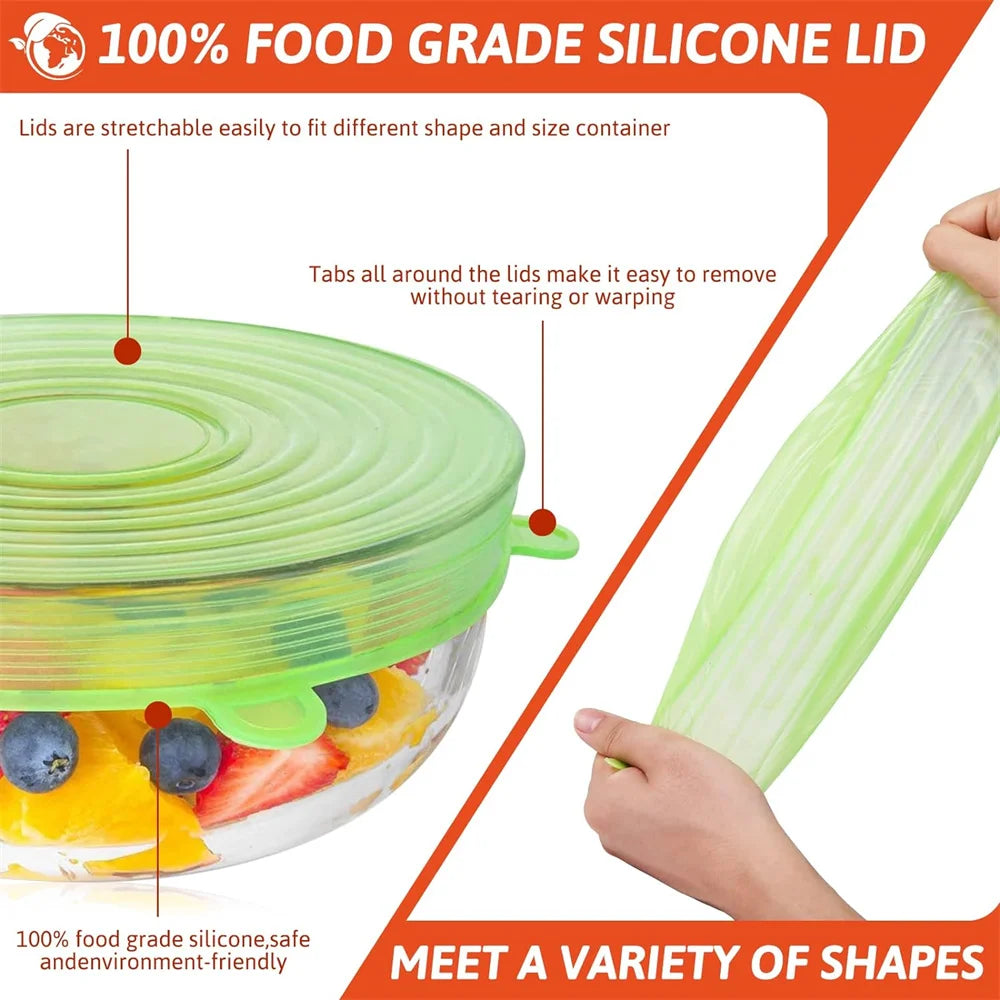 6-Pack Reusable Silicone Food Covers - Airtight Universal Stretch Lids for Kitchen Storage