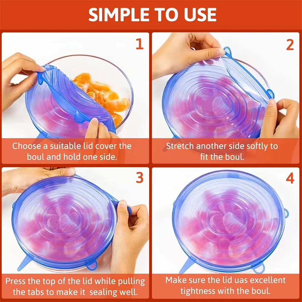 6-Pack Reusable Silicone Food Covers - Airtight Universal Stretch Lids for Kitchen Storage